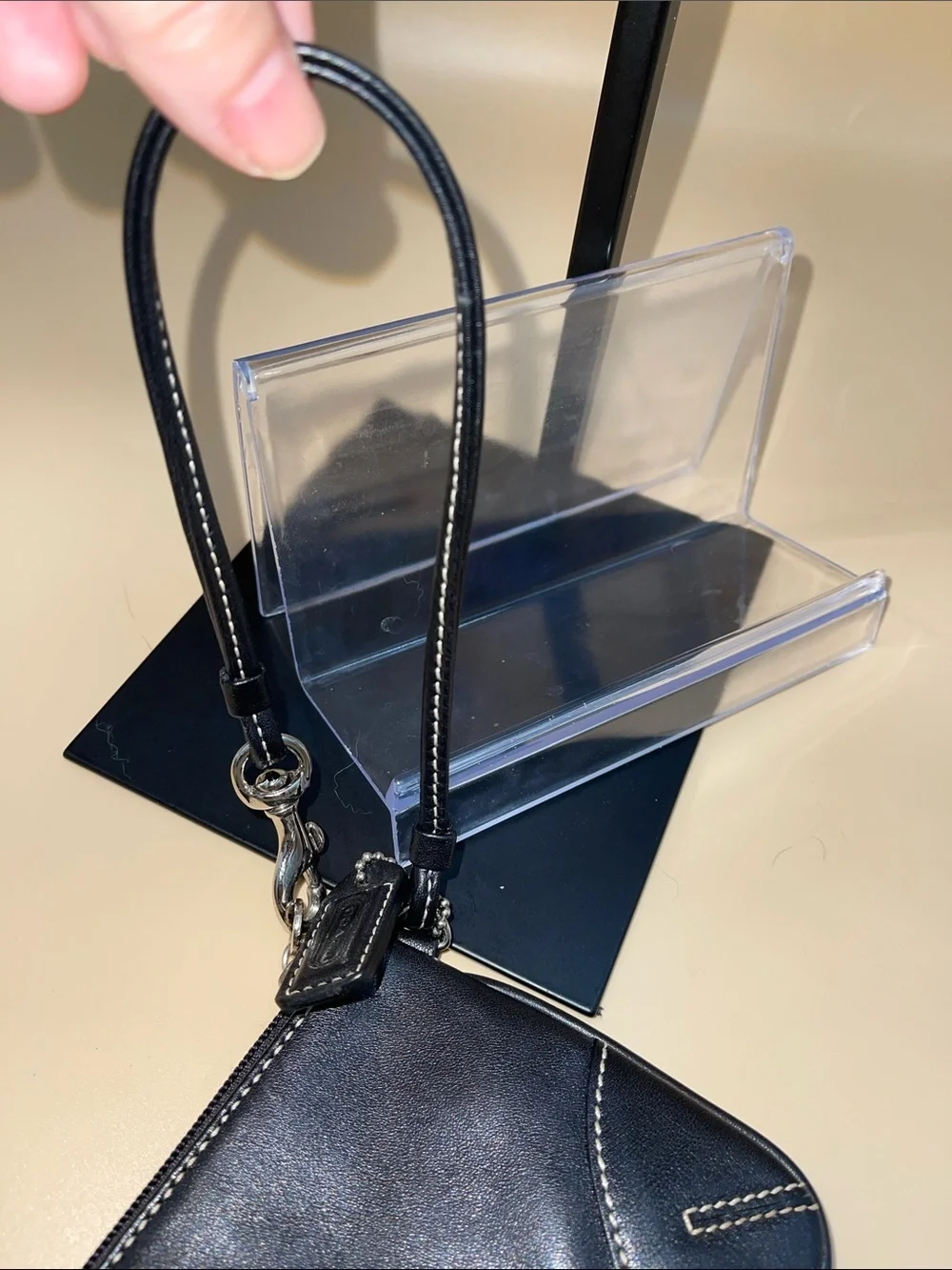 Coach Black Leather Wristlet Pouch with Contrast Stitching